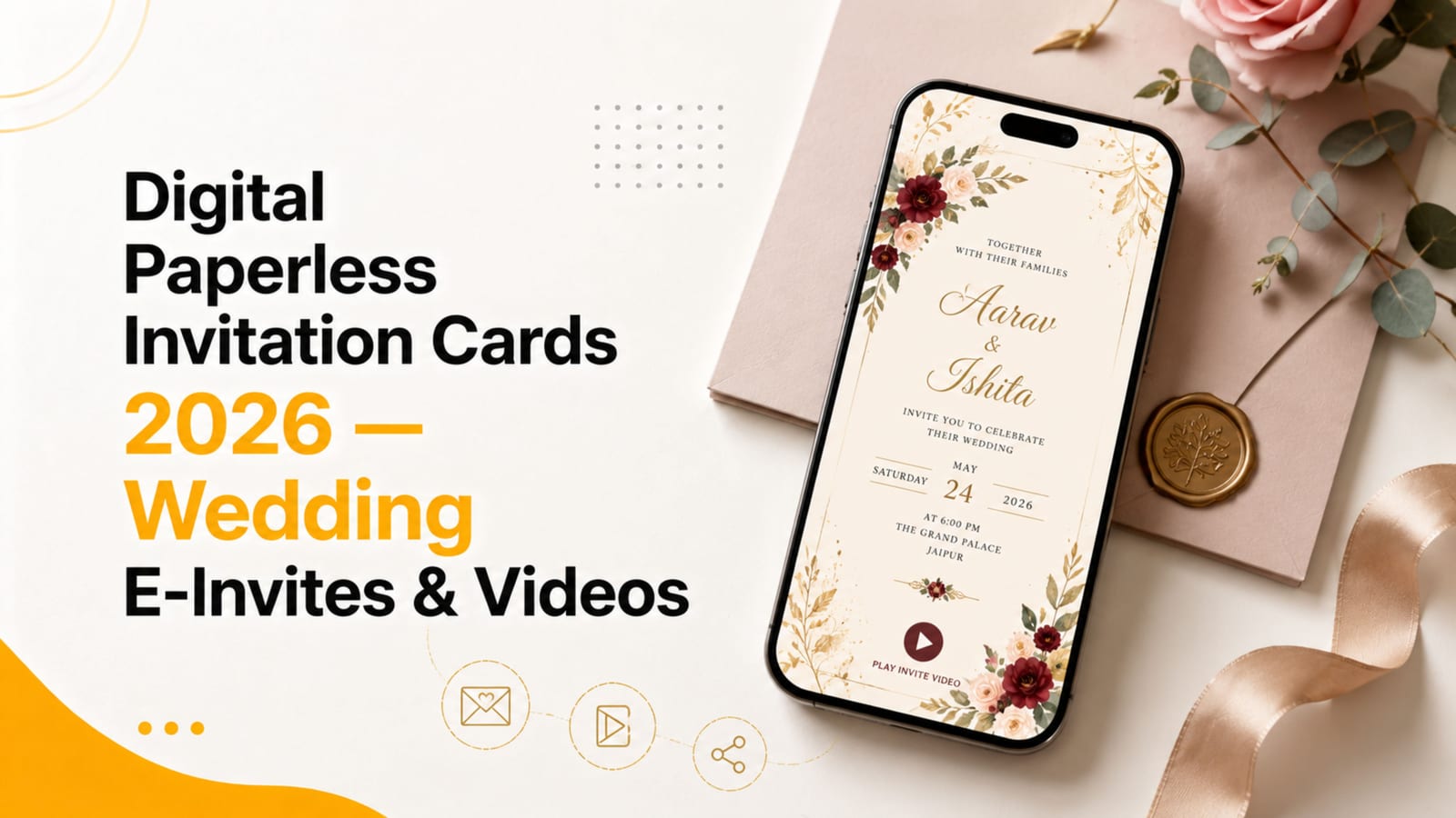 Digital paperless wedding invitation e-card and video with caricature couple, WhatsApp share and QR code — Pacewalk