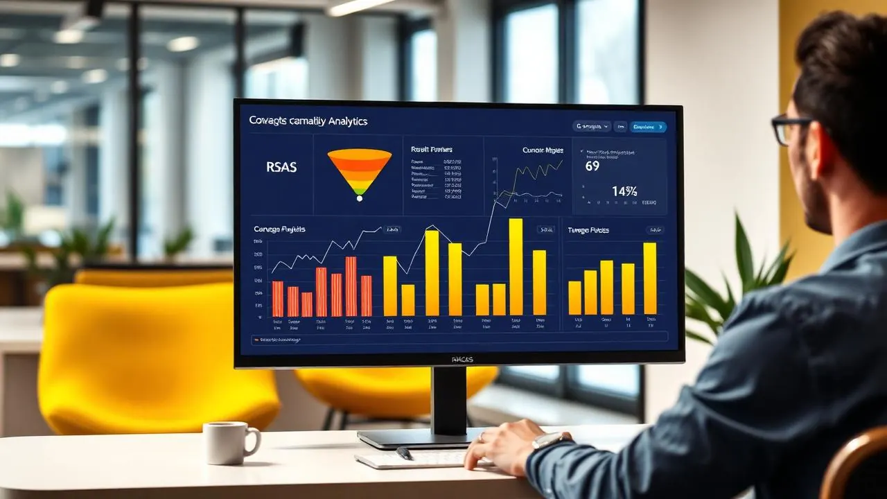 AI generated image showing ad campaign analytics dashboard with conversion funnel and ROAS charts