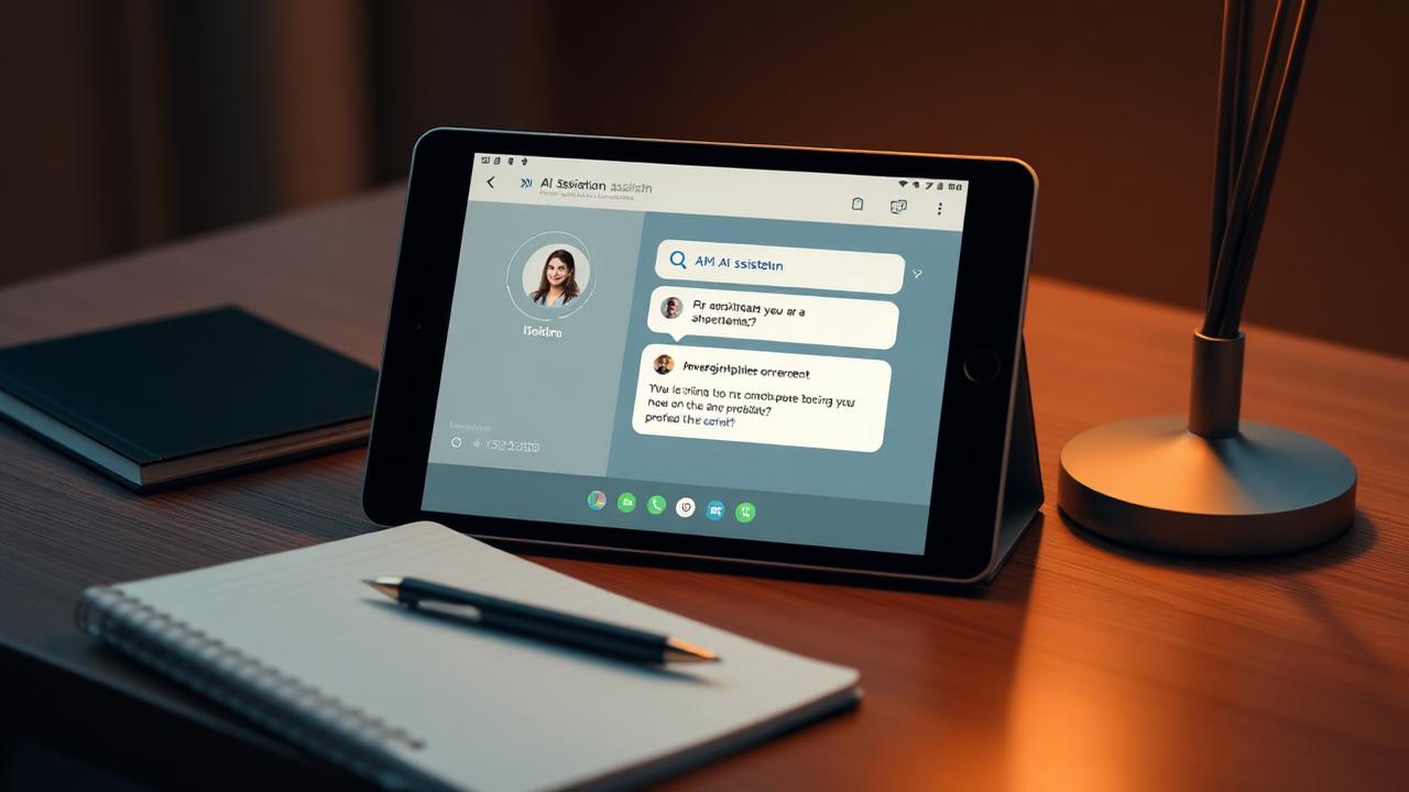 AI generated editorial image of an AI assistant conversation interface on a tablet placed on a designer desk with a notebook