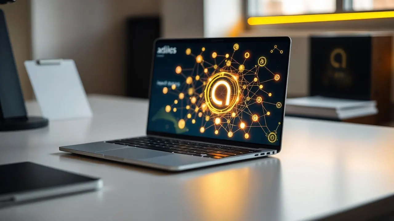 AI generated image showing modern AI assistant interface on a laptop in a clean workspace