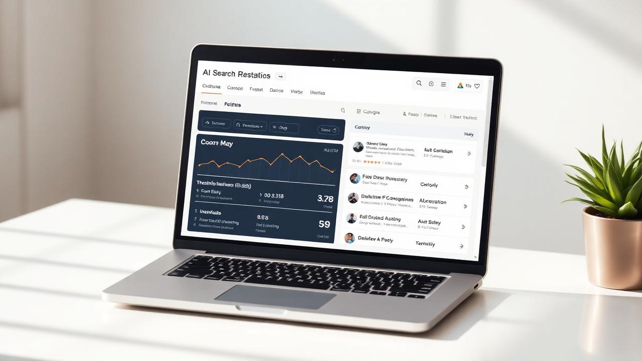 AI generated editorial image of an analytics dashboard on a laptop showing AI search citations and ranking trends