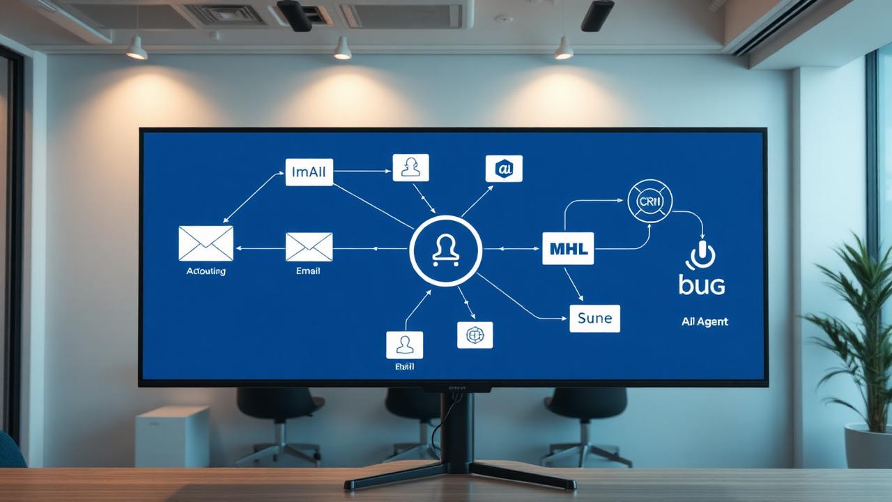 AI generated editorial image of a marketing automation workflow on a large monitor with connected email, CRM and AI agent nodes