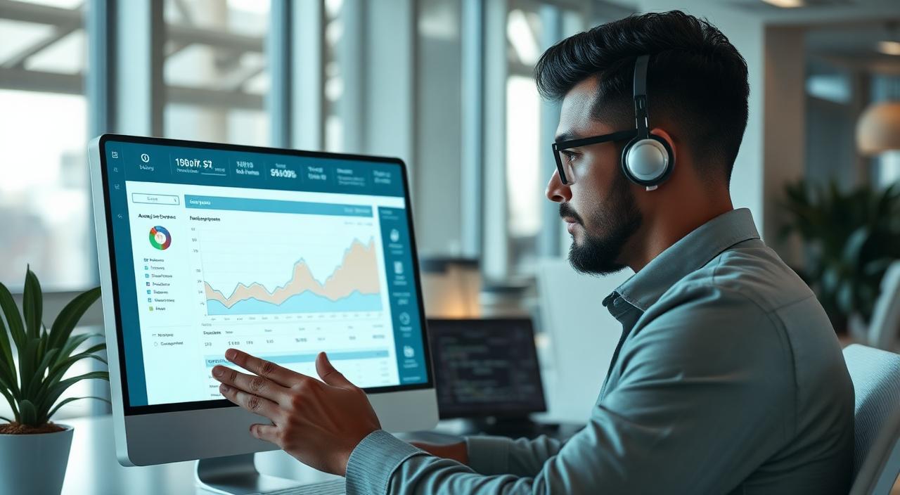 AI-generated editorial image showing a social media creator analyzing content performance through an AI-powered analytics dashboard in a modern office.