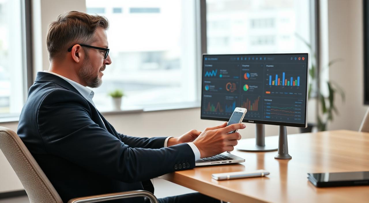 AI-generated editorial image showing a business owner managing automated customer conversations through AI workflow dashboards on a laptop and smartphone.
