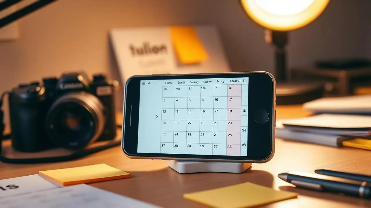 AI generated image showing social media content planning workspace with smartphone calendar
