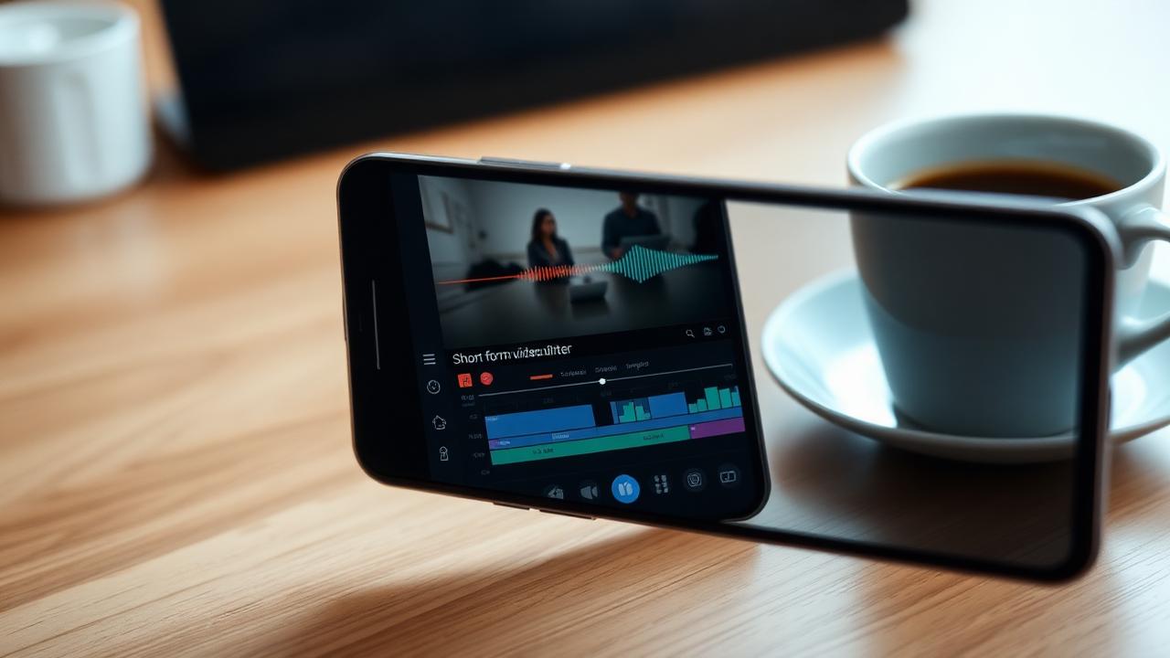 AI generated editorial image of a smartphone running a short-form vertical video editor with audio waveform on a wooden desk