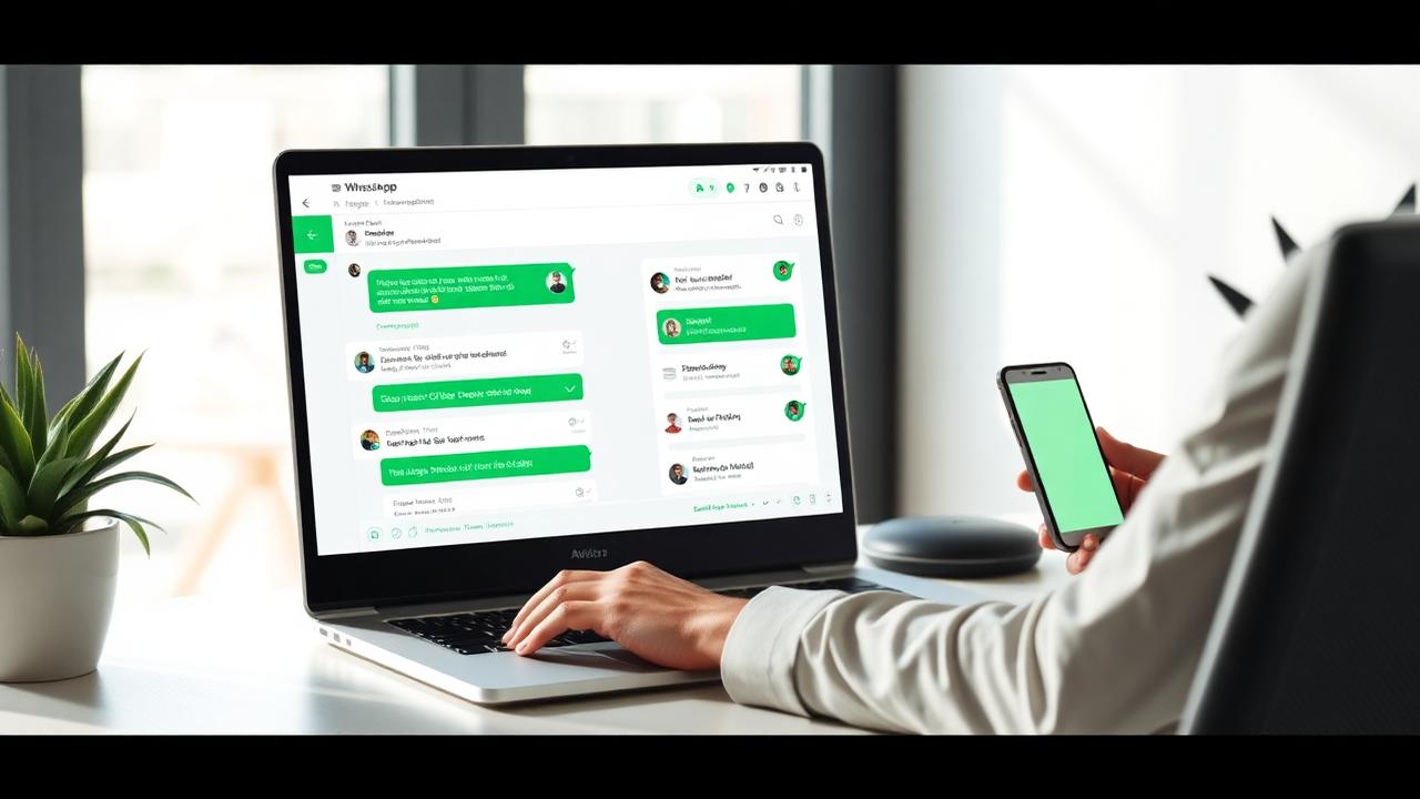 AI-generated image showing a business professional managing customer conversations through an intelligent WhatsApp automation dashboard on a laptop and smartphone.