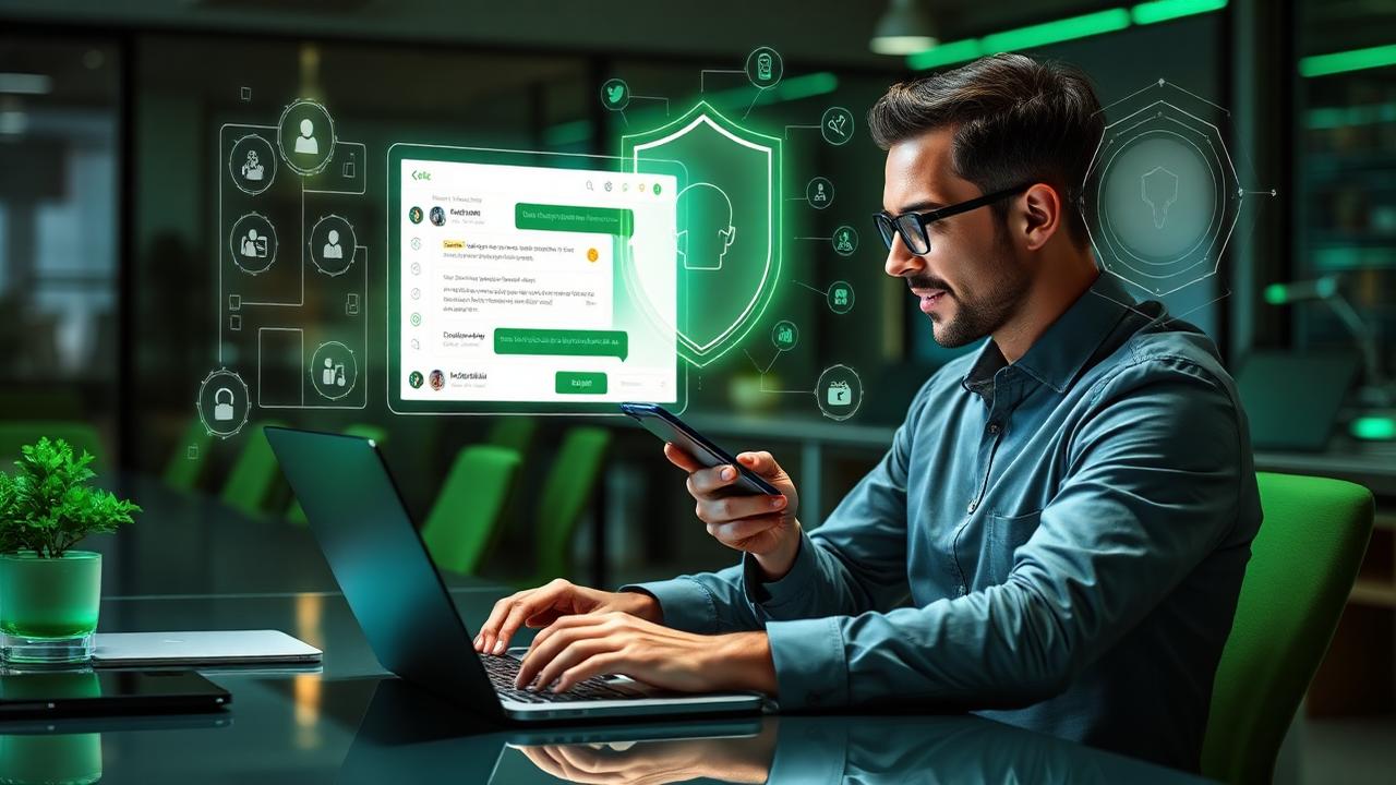AI-generated image showing a secure WhatsApp-style business messaging dashboard with AI automation workflows, customer support chats, privacy protection indicators, and modern digital workspace elements.