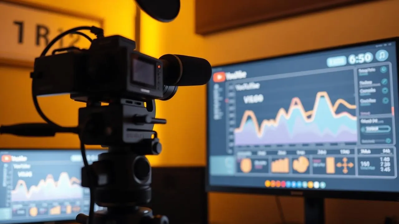 AI generated image showing a video creator workspace with camera and video analytics graph